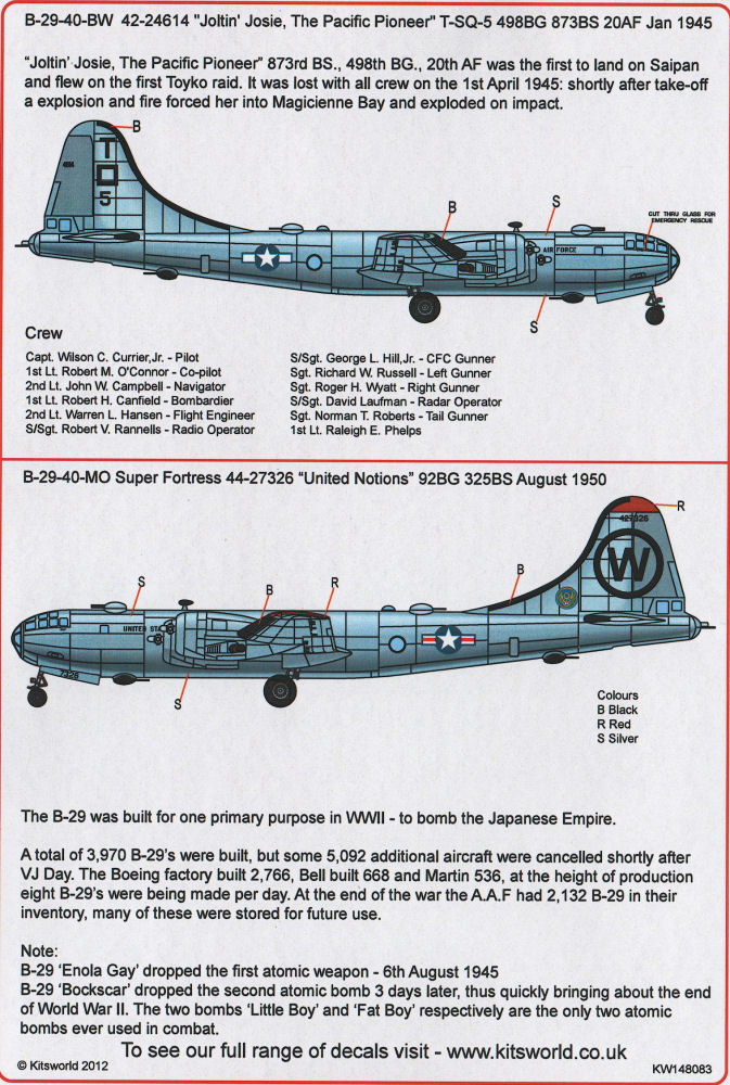 Kits-World Decals 148083 1/48 B-29 Superfortress Decal Image